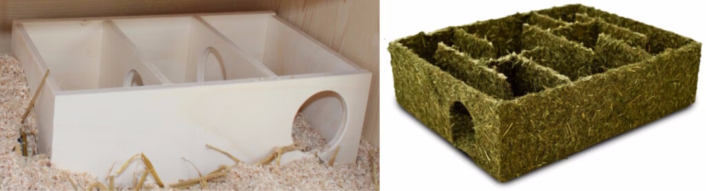 Das Foto zeigt ein Mehrkammernhaus aus Holz und ein Mehkammernhaus aus Naturfaser